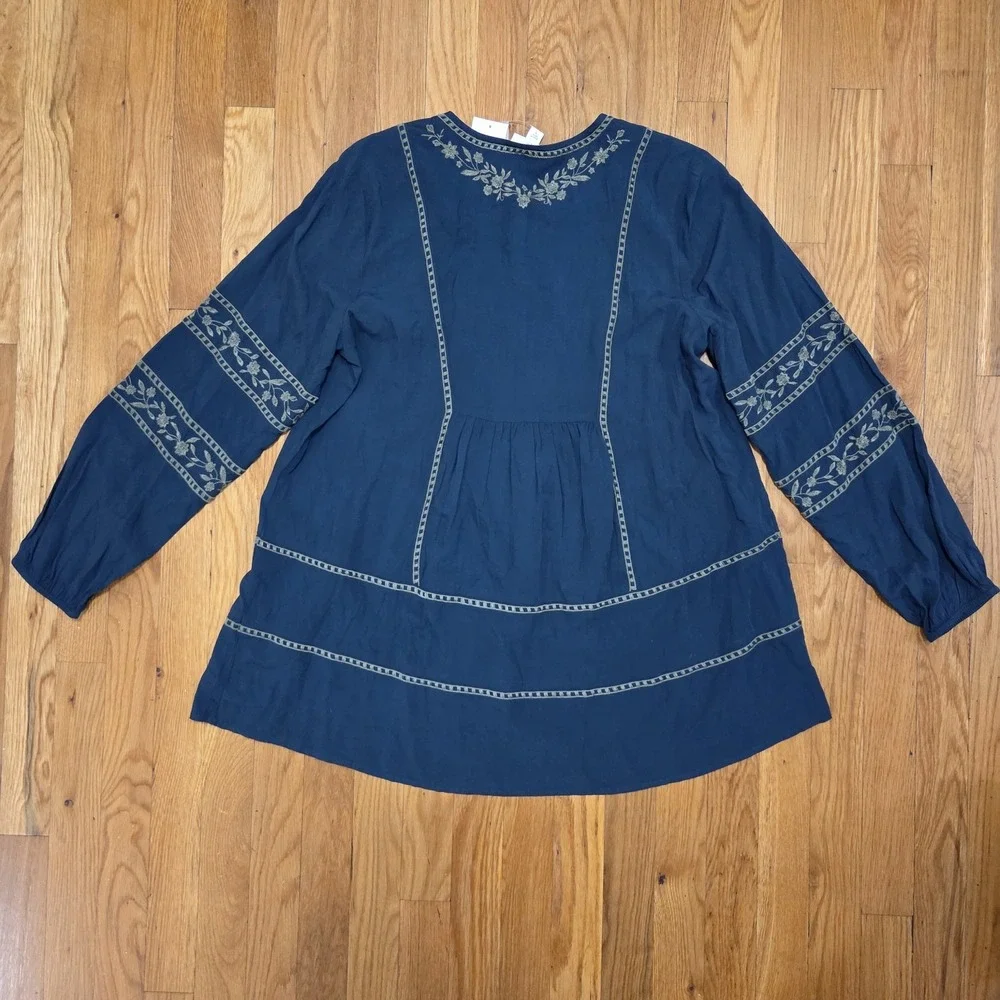 J‎ Jill Embroidered Floral Accent Long Sleeve Tunic Dark Teal Peacock - Picture 2 of 13